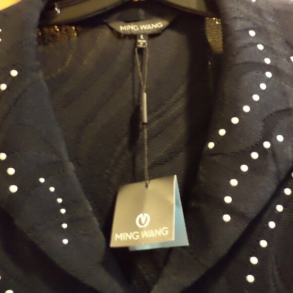 Ming Wang Open Front Jacket  ~ Navy with White Dots + Swirl Accents ~ Large  New - Picture 9 of 12